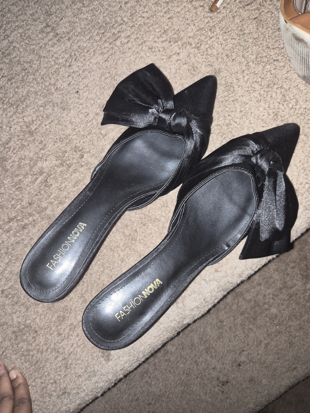 Fashion Nova Black Satin Bow Pointed Toe Mules